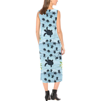 Sea Turtle Pattern Print Design T011 Sleeveless Open Fork Long Dress