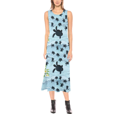 Sea Turtle Pattern Print Design T011 Sleeveless Open Fork Long Dress