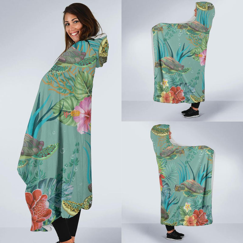 Sea Turtle Pattern Print Design T012 Hooded Blanket-JORJUNE.COM