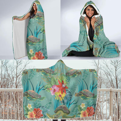 Sea Turtle Pattern Print Design T012 Hooded Blanket-JORJUNE.COM