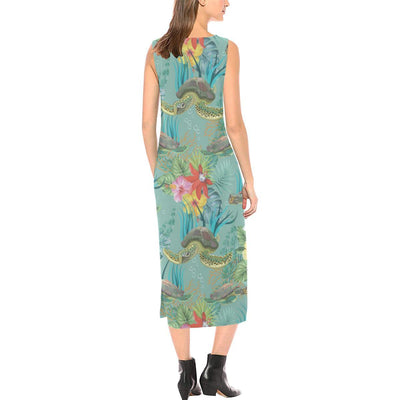 Sea Turtle Pattern Print Design T012 Sleeveless Open Fork Long Dress