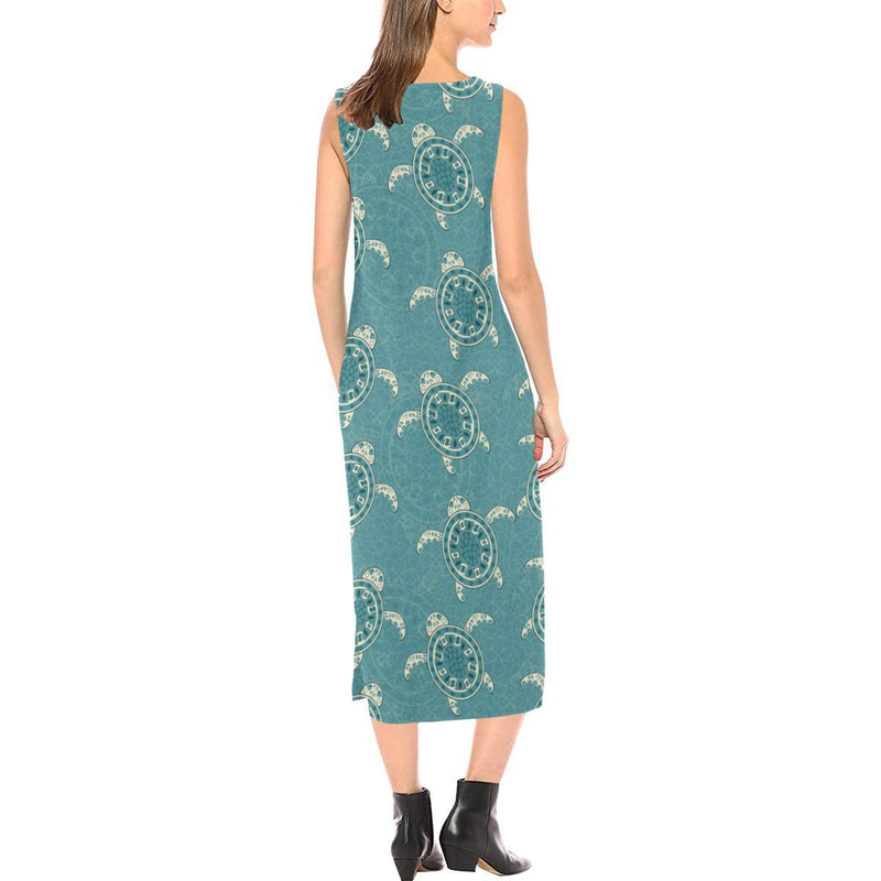 Sea Turtle Pattern Print Design T02 Sleeveless Open Fork Long Dress