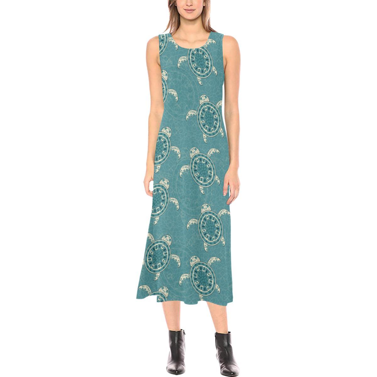 Sea Turtle Pattern Print Design T02 Sleeveless Open Fork Long Dress