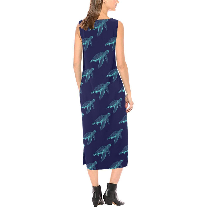 Sea Turtle Pattern Print Design T04 Sleeveless Open Fork Long Dress