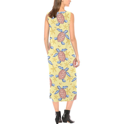 Sea Turtle Pattern Print Design T06 Sleeveless Open Fork Long Dress