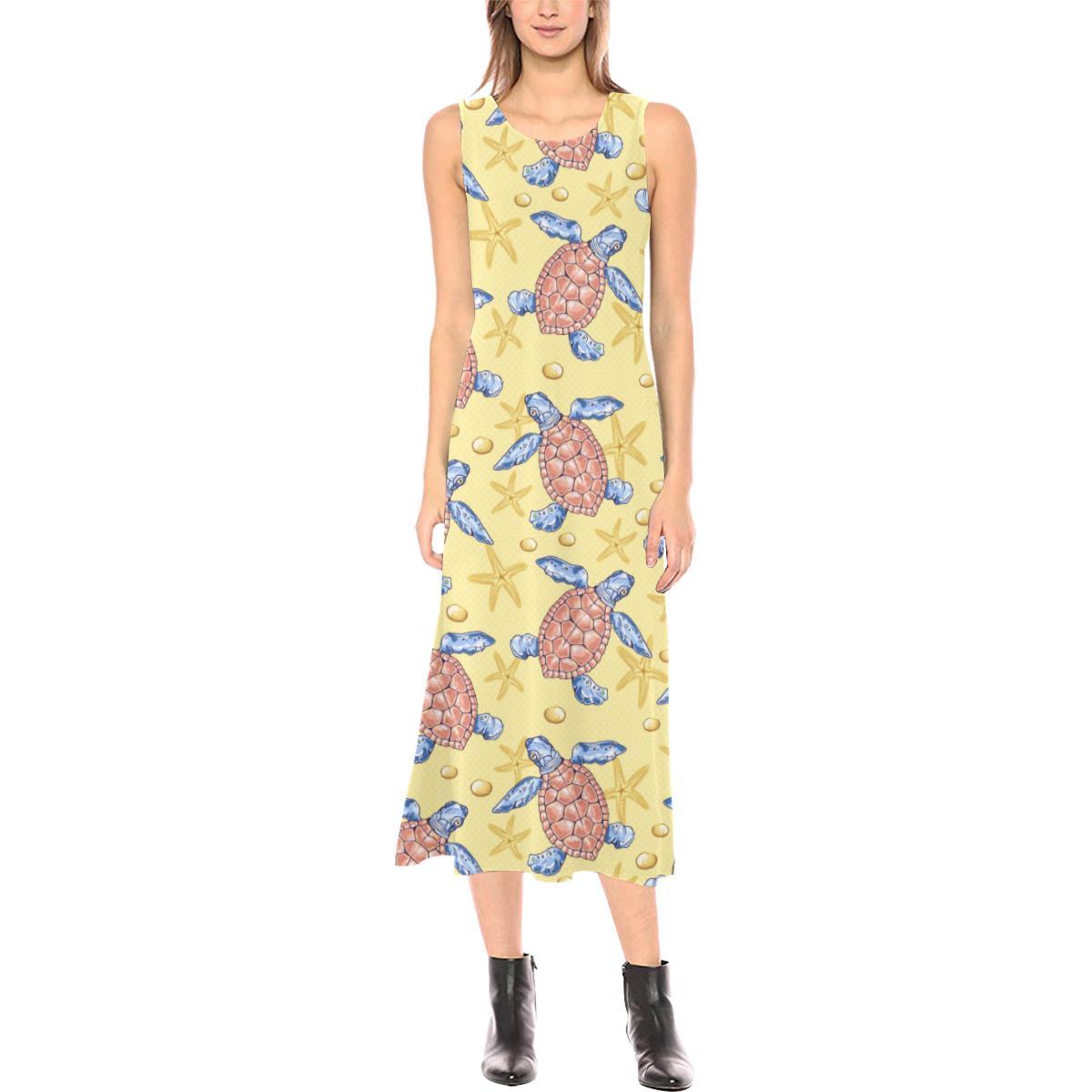 Sea Turtle Pattern Print Design T06 Sleeveless Open Fork Long Dress