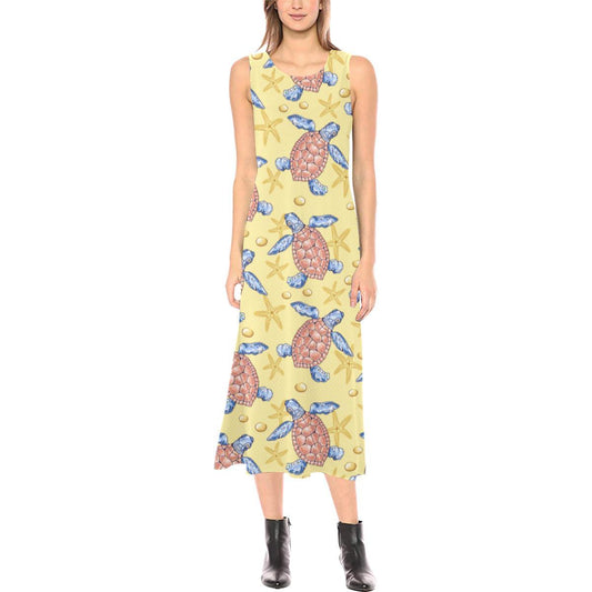 Sea Turtle Pattern Print Design T06 Sleeveless Open Fork Long Dress