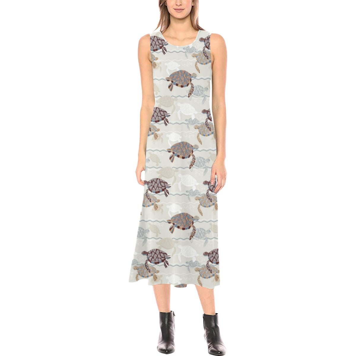 Sea Turtle Pattern Print Design T07 Sleeveless Open Fork Long Dress