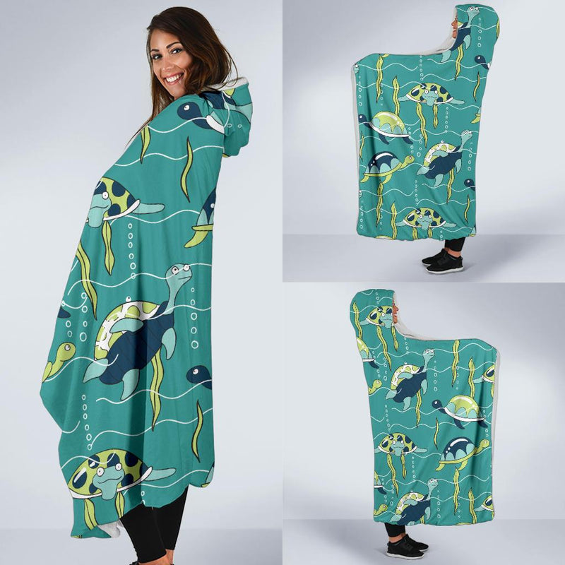 Sea Turtle Pattern Print Design T08 Hooded Blanket-JORJUNE.COM