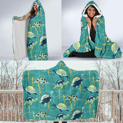 Sea Turtle Pattern Print Design T08 Hooded Blanket-JORJUNE.COM