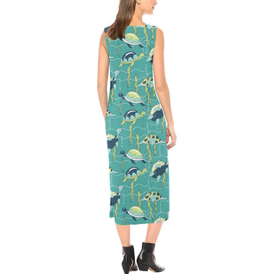 Sea Turtle Pattern Print Design T08 Sleeveless Open Fork Long Dress