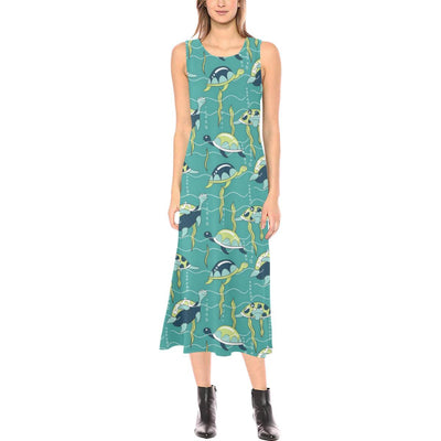 Sea Turtle Pattern Print Design T08 Sleeveless Open Fork Long Dress