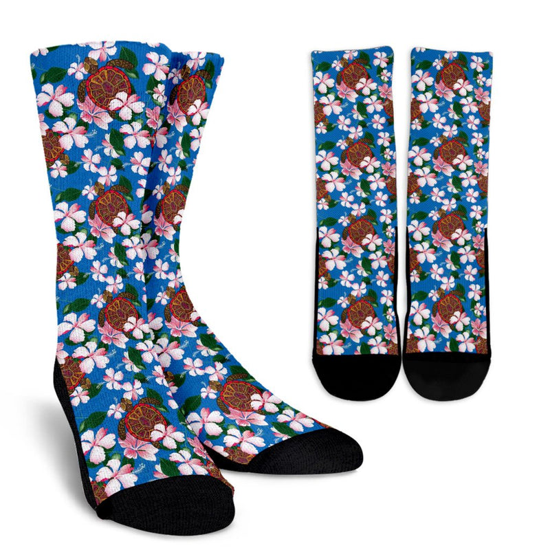 Sea Turtle Pink Hibiscus Hawaiian Print Crew Socks-JORJUNE.COM