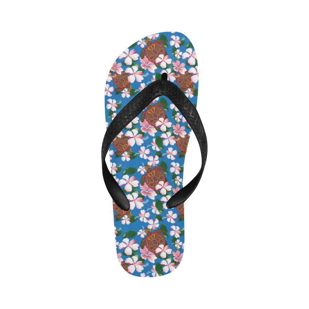 Sea Turtle Pink Hibiscus Hawaiian Print Flip Flops-JorJune
