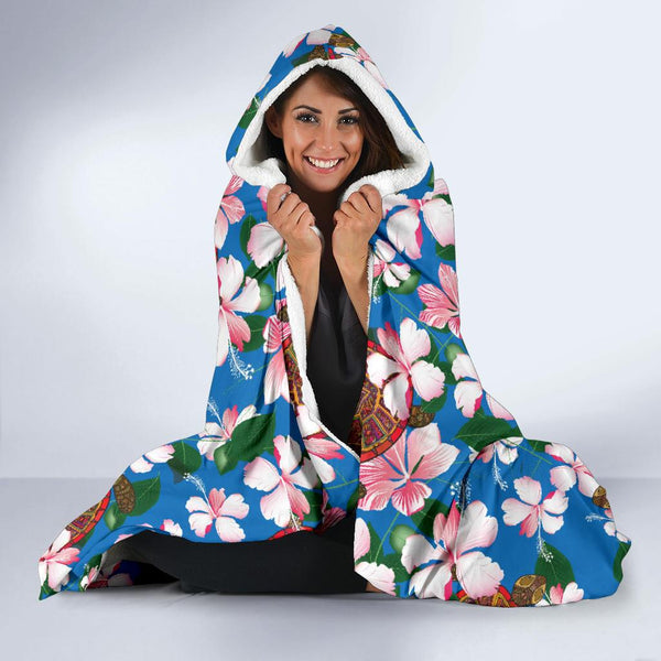 Sea Turtle Pink Hibiscus Hawaiian Print Hooded Blanket - JorJune