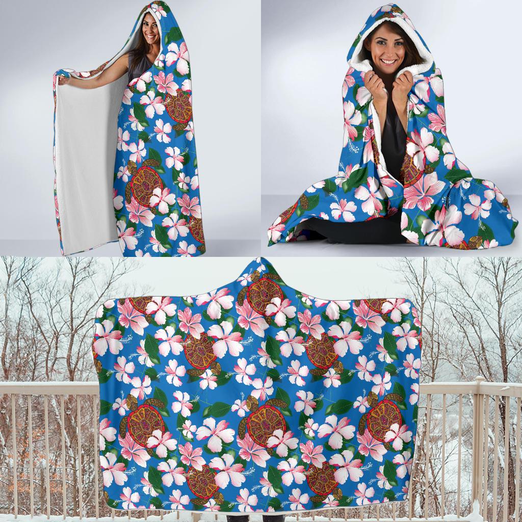 Sea Turtle Pink Hibiscus Hawaiian Print Hooded Blanket-JORJUNE.COM