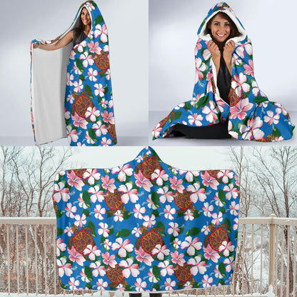 Sea Turtle Pink Hibiscus Hawaiian Print Hooded Blanket-JORJUNE.COM