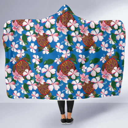 Sea Turtle Pink Hibiscus Hawaiian Print Hooded Blanket-JORJUNE.COM