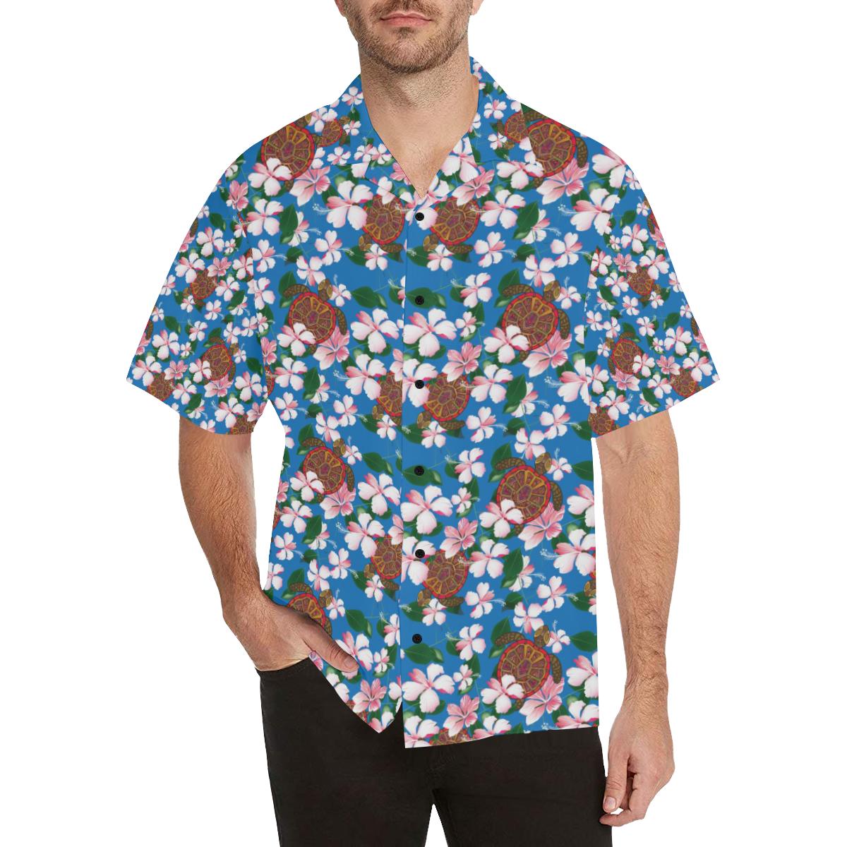 Sea Turtle Pink Hibiscus Hawaiian Print Men Hawaiian Shirt-JorJune