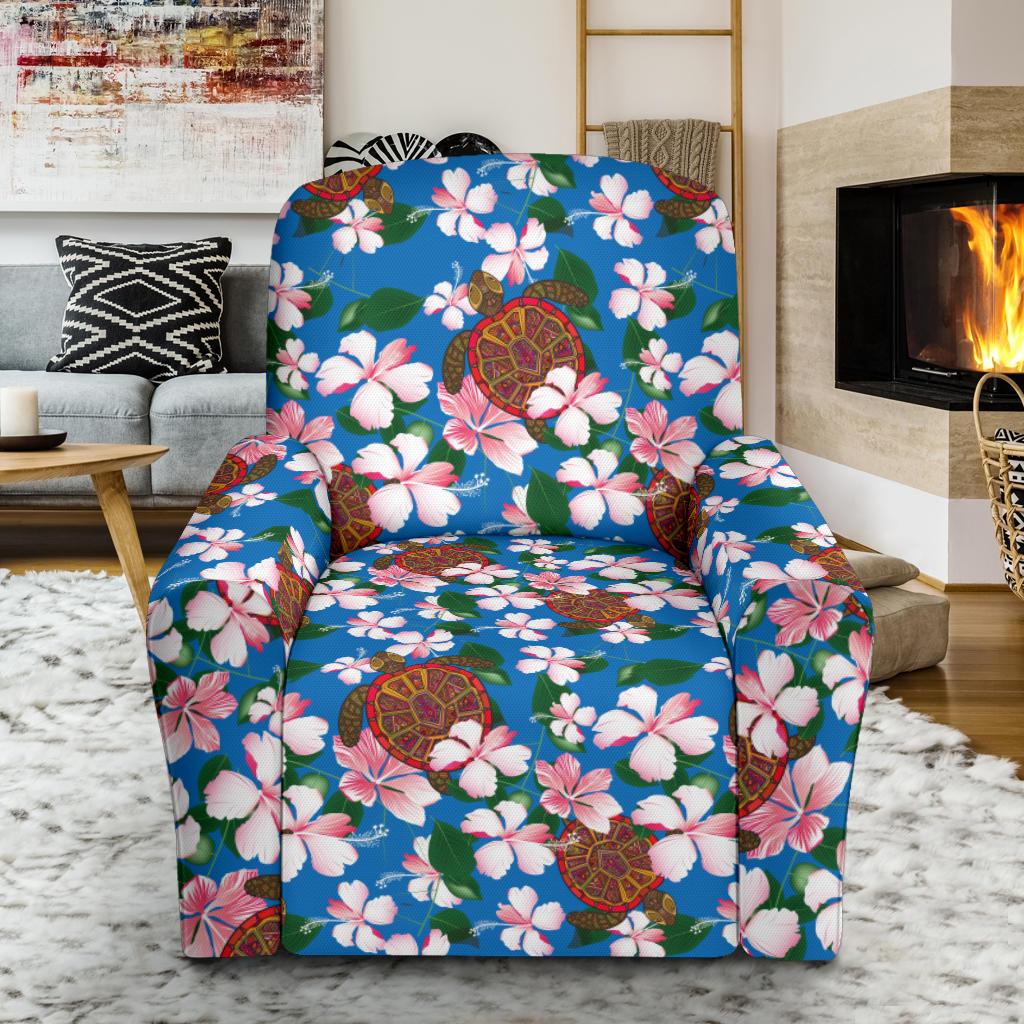 Sea Turtle Pink Hibiscus Hawaiian Print Recliner Slipcover-JORJUNE.COM