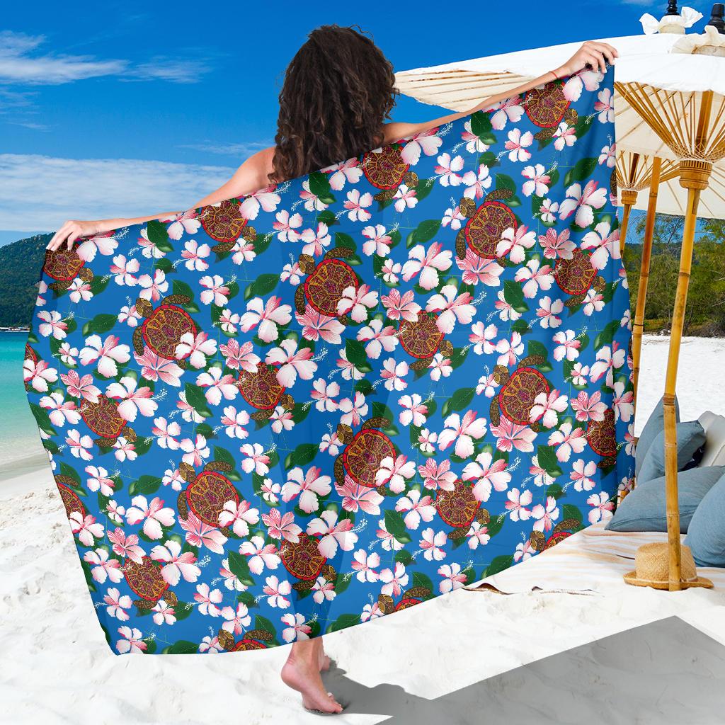 Sea Turtle Pink Hibiscus Hawaiian Print Sarong Pareo Wrap-JORJUNE.COM