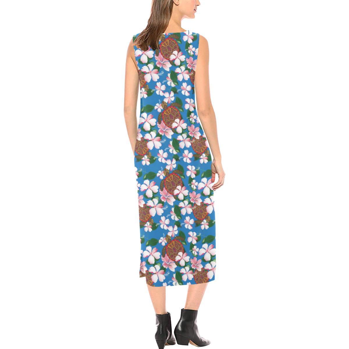Sea Turtle Pink Hibiscus Hawaiian Print Sleeveless Open Fork Long Dress