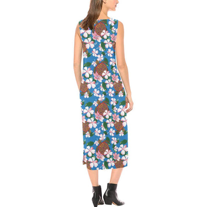 Sea Turtle Pink Hibiscus Hawaiian Print Sleeveless Open Fork Long Dress
