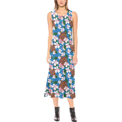 Sea Turtle Pink Hibiscus Hawaiian Print Sleeveless Open Fork Long Dress