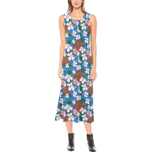 Sea Turtle Pink Hibiscus Hawaiian Print Sleeveless Open Fork Long Dress