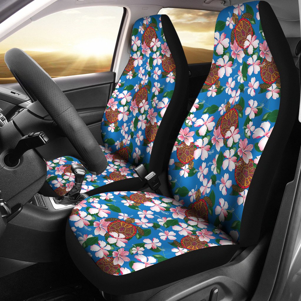 Sea Turtle Pink Hibiscus Hawaiian Print Universal Fit Car Seat Covers-JorJune
