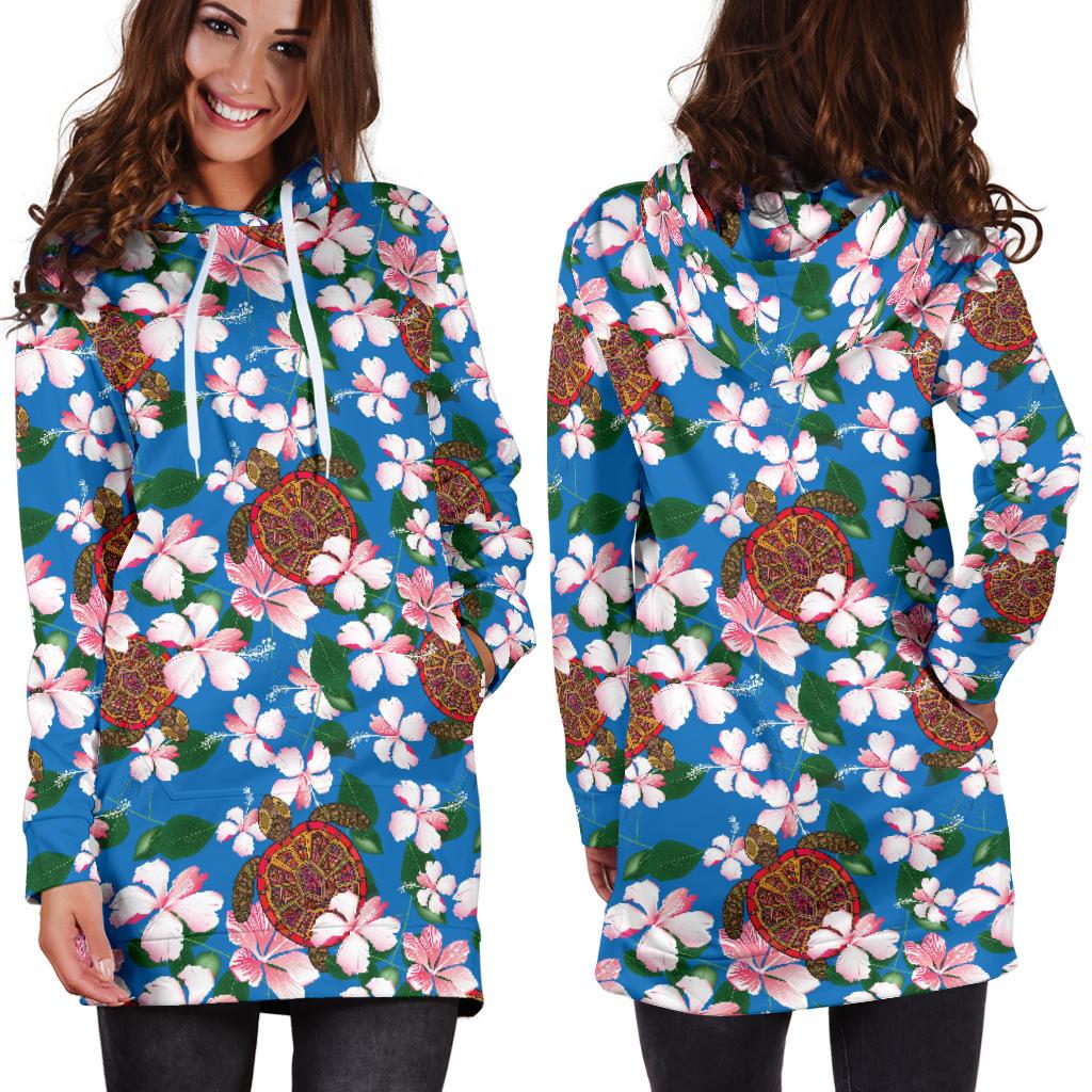 Sea Turtle Pink Hibiscus Hawaiian Print Women Hoodie Dress