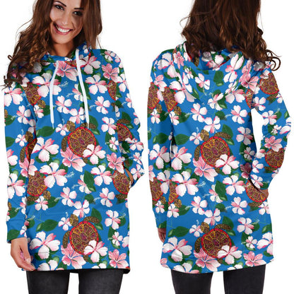 Sea Turtle Pink Hibiscus Hawaiian Print Women Hoodie Dress