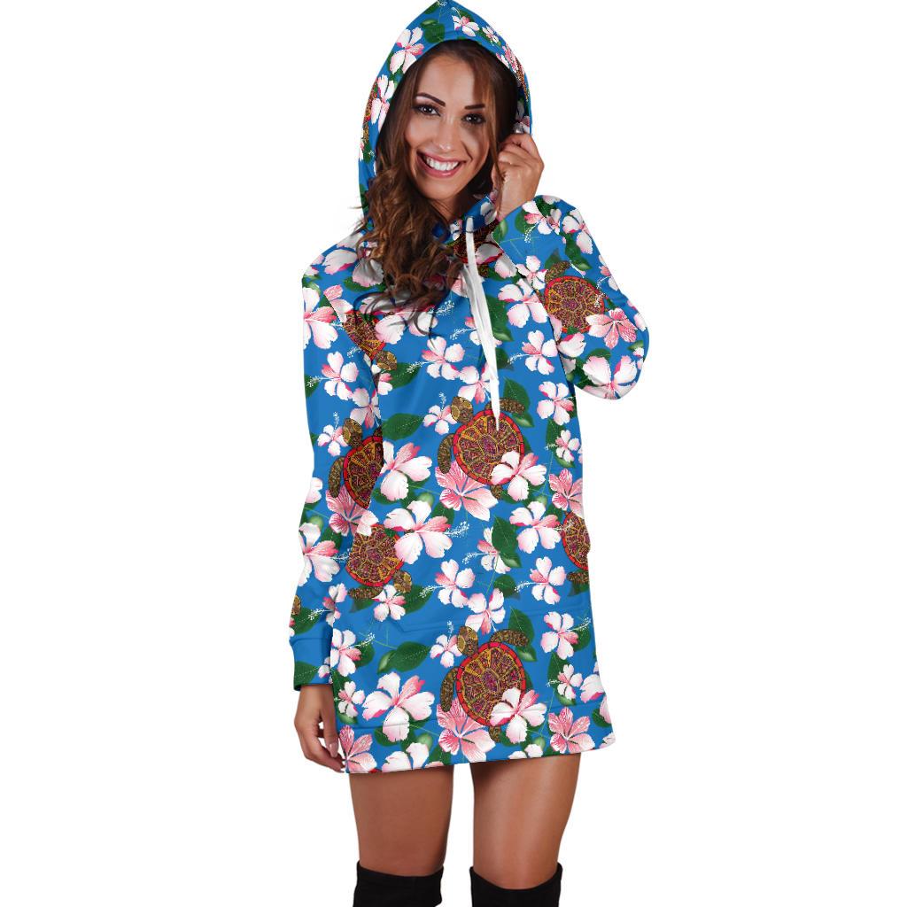 Sea Turtle Pink Hibiscus Hawaiian Print Women Hoodie Dress