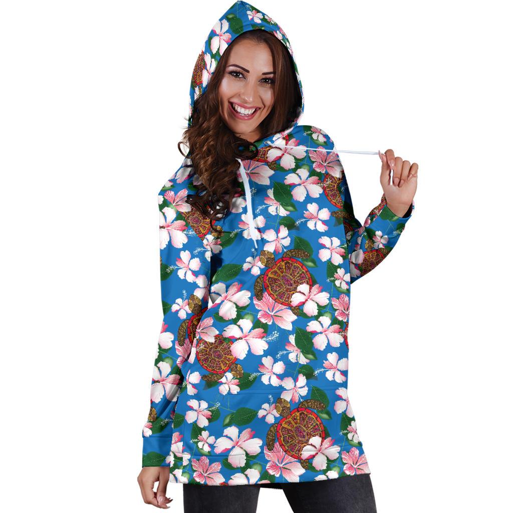 Sea Turtle Pink Hibiscus Hawaiian Print Women Hoodie Dress