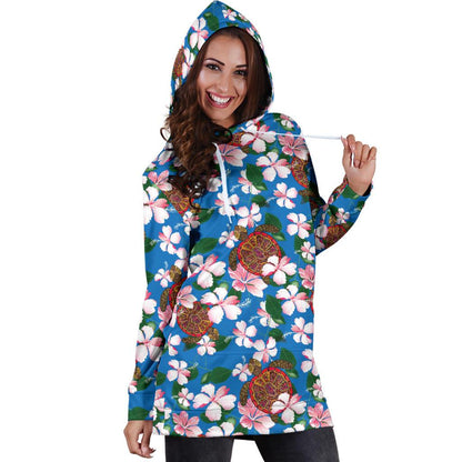Sea Turtle Pink Hibiscus Hawaiian Print Women Hoodie Dress