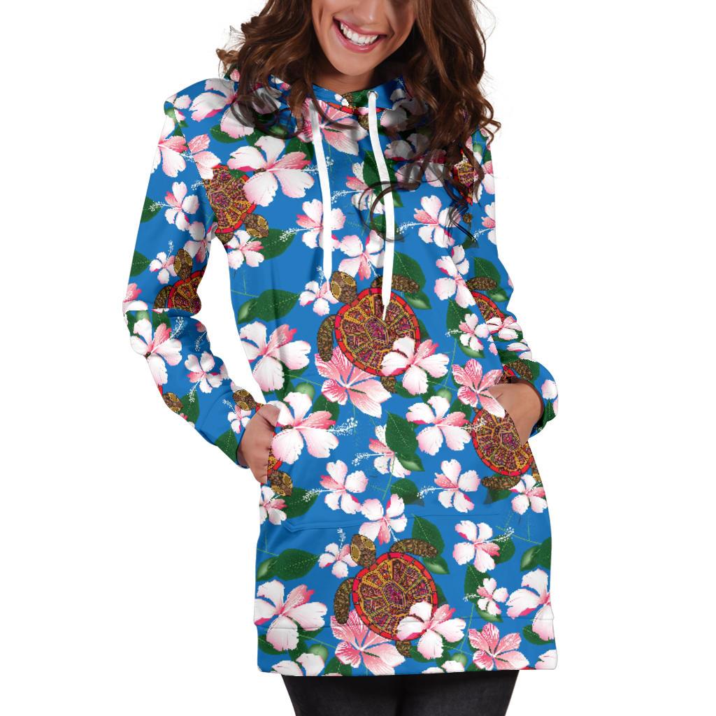 Sea Turtle Pink Hibiscus Hawaiian Print Women Hoodie Dress