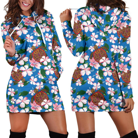 Sea Turtle Pink Hibiscus Hawaiian Print Women Hoodie Dress