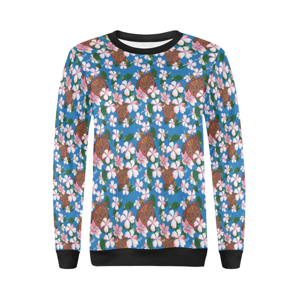 Sea Turtle Pink Hibiscus Hawaiian Print Women Long Sleeve Sweatshirt-JorJune
