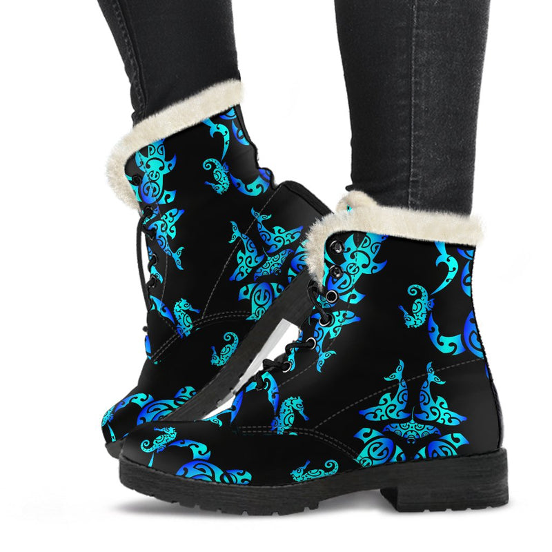 Sea turtle Polynesian Tribal Hawaiian Faux Fur Leather Boots