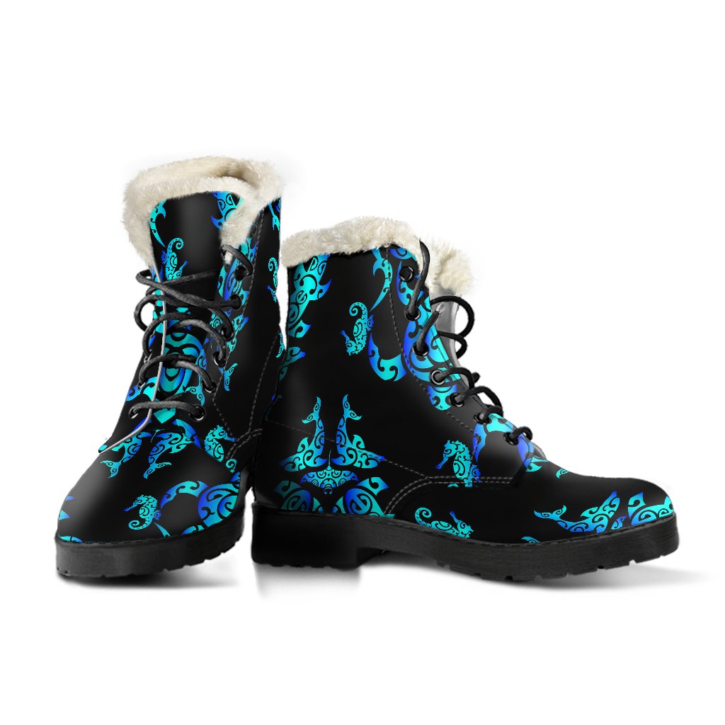 Sea turtle Polynesian Tribal Hawaiian Faux Fur Leather Boots