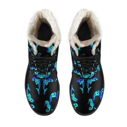 Sea turtle Polynesian Tribal Hawaiian Faux Fur Leather Boots