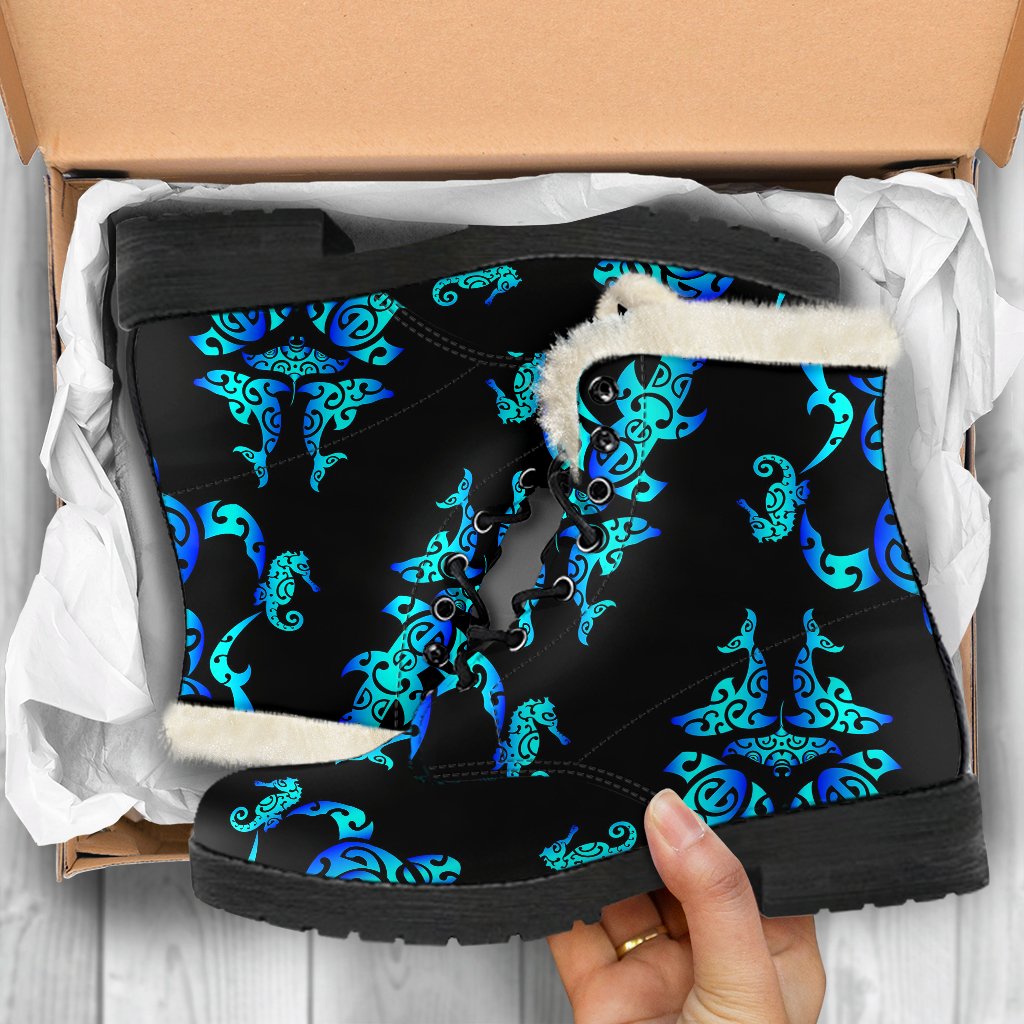 Sea turtle Polynesian Tribal Hawaiian Faux Fur Leather Boots