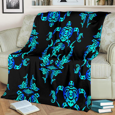 Sea Turtle Polynesian Tribal Hawaiian Fleece Blanket