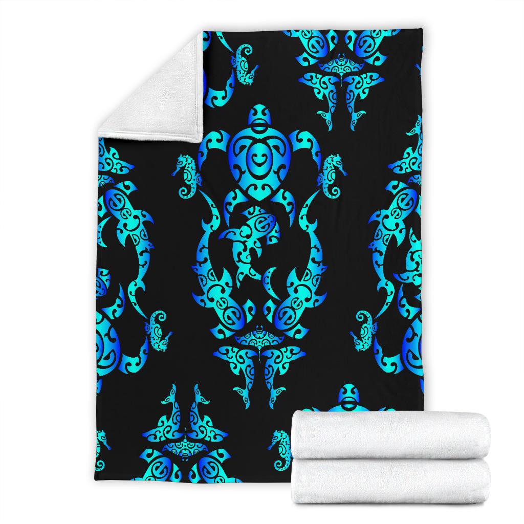 Sea Turtle Polynesian Tribal Hawaiian Fleece Blanket