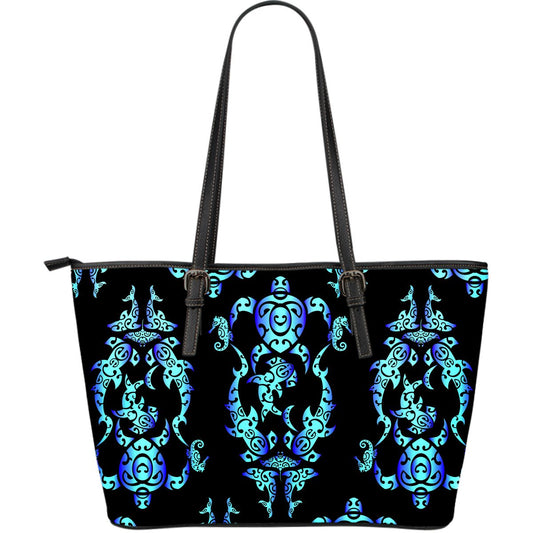 Sea turtle Polynesian Tribal Hawaiian Large Leather Tote Bag