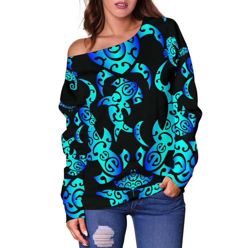 Sea Turtle Polynesian Tribal Hawaiian Off Shoulder Sweatshirt