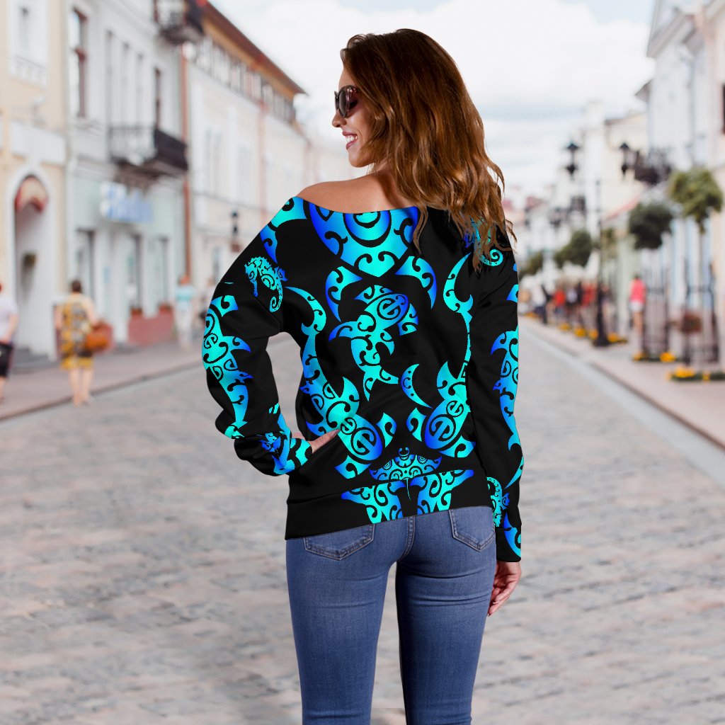 Sea Turtle Polynesian Tribal Hawaiian Off Shoulder Sweatshirt
