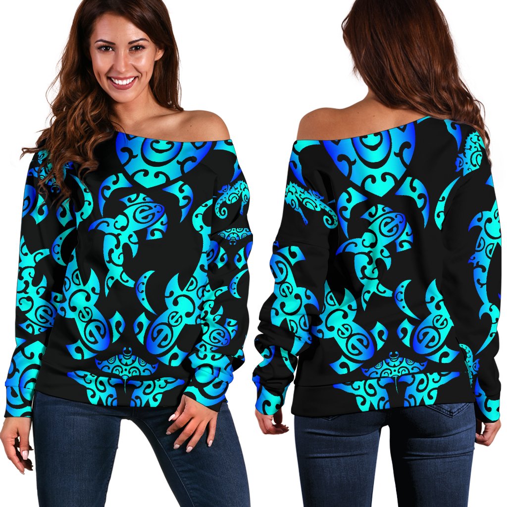 Sea Turtle Polynesian Tribal Hawaiian Off Shoulder Sweatshirt