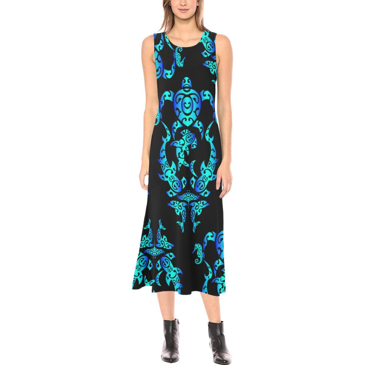 Sea turtle Polynesian Tribal Hawaiian Sleeveless Open Fork Long Dress