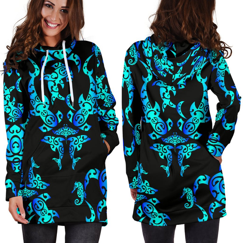 Sea Turtle Polynesian Tribal Hawaiian Women Hoodie Dress